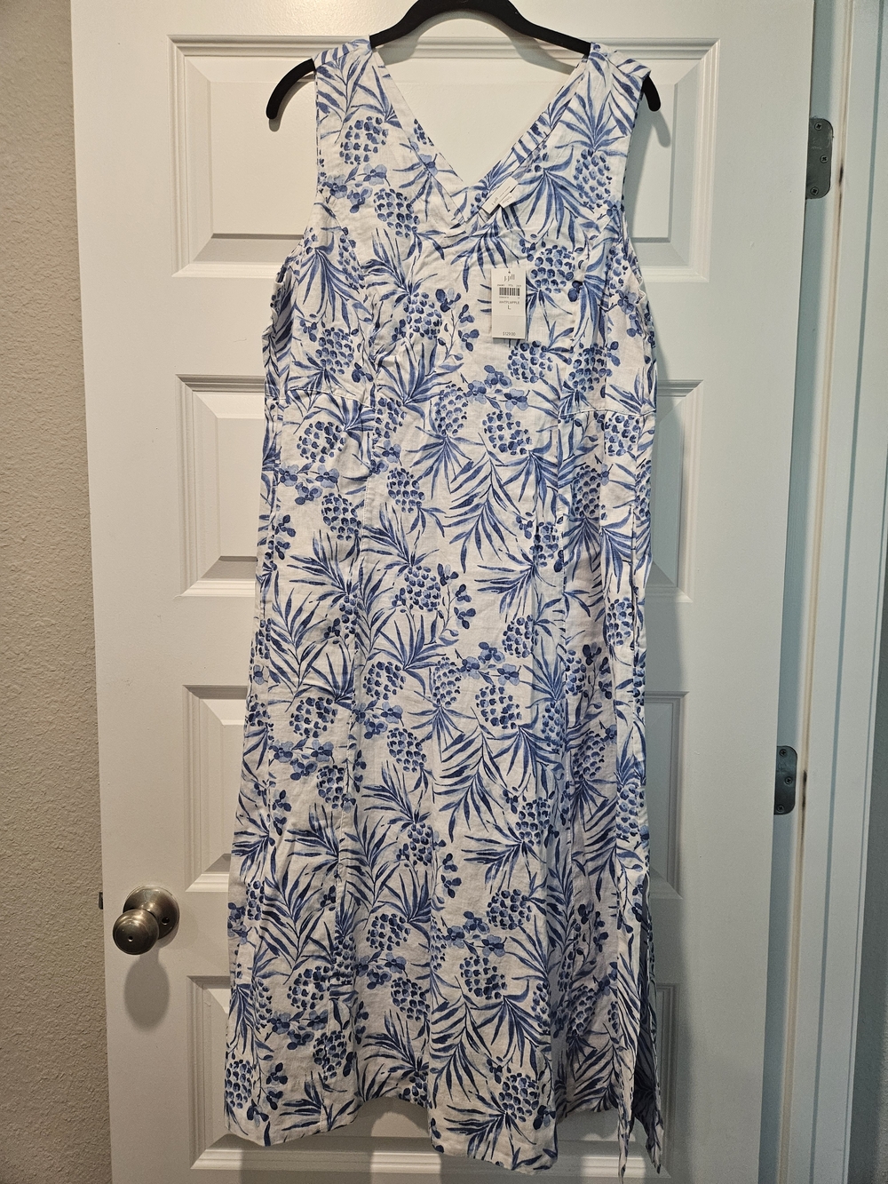 J. Jill White Linen Maxi Dress with Blue Botanical Print